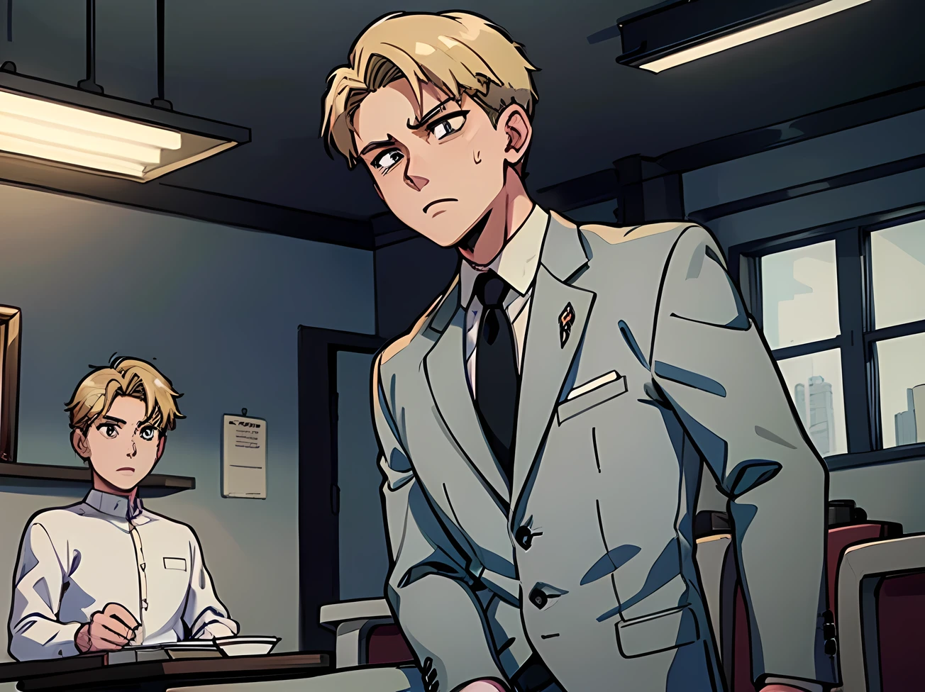 agent_twilight, sad face, table, 1boy, fear, sitting, down arms, in right, Grey suit, blonde hair, masterpiece, best quality, 1990s style