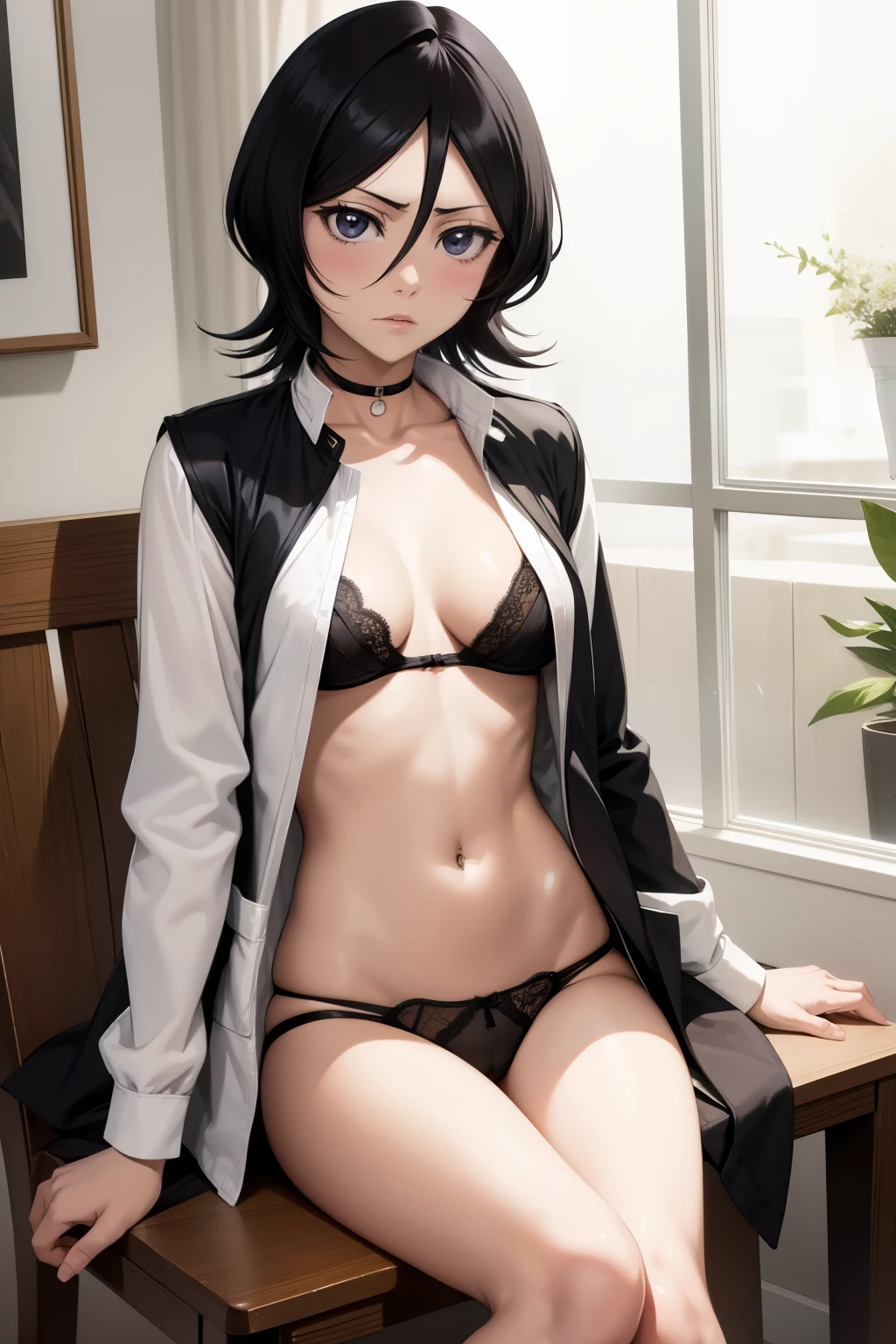 Rukia ,solo 1girl , anime , masterpiece  , Black color hair, jaqueta aberta open clothes ,flat  chest  ,no bra,  pantie  ,niplles piercing , long socks,  smug face  arrogante ,blush . Sit chair very open legs.