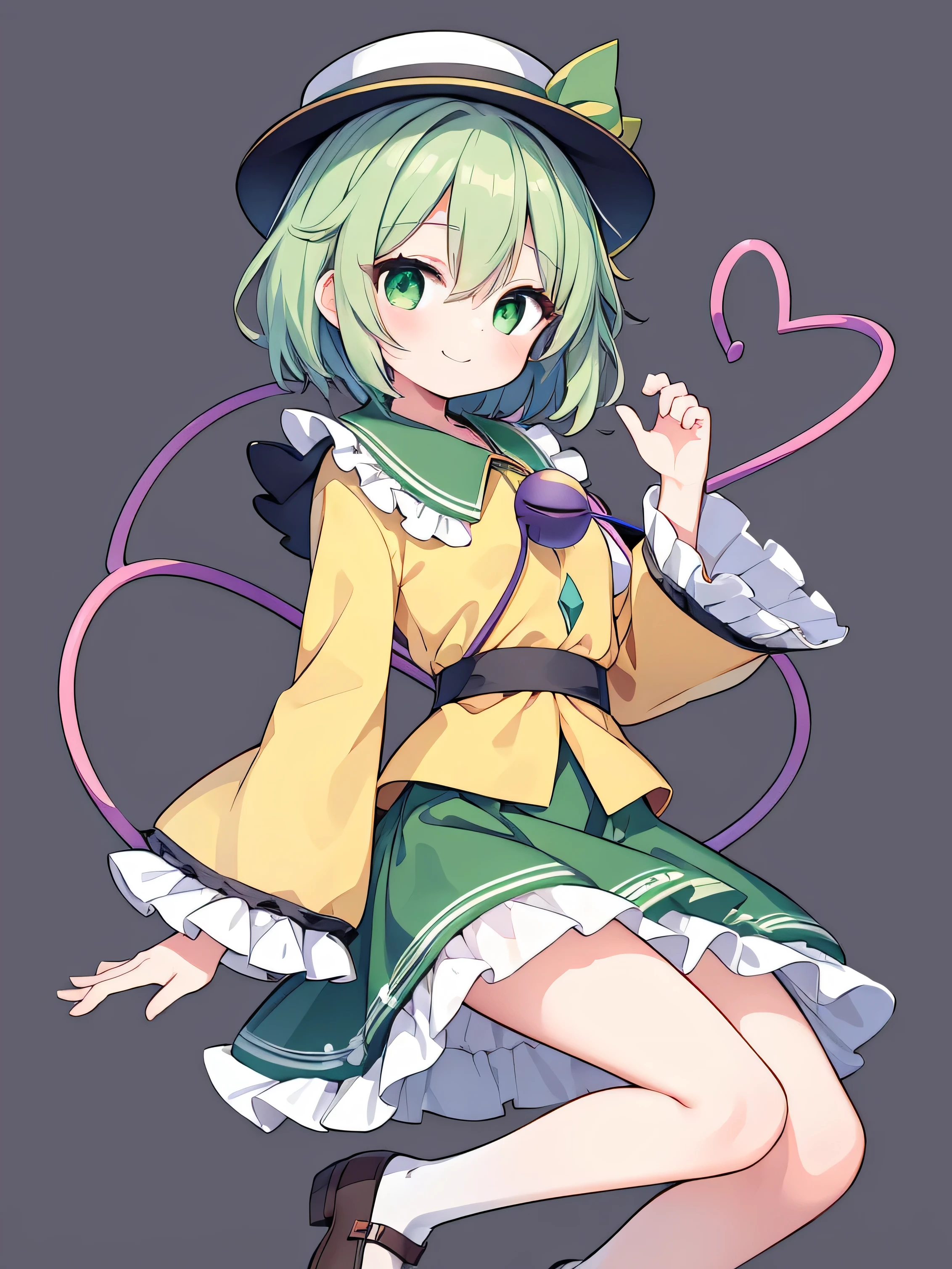 masterpiece, top quality, super detailed, CG illustration, high resolution, better lighting, best shadows, very delicate and beautiful, proper shading, hd, 8k,komeiji koishi, 1girl, solo, smile, short hair, skirt, simple background, shirt, long sleeves, hat, ribbon, green eyes, full body, heart, green hair, wide sleeves, parody, floral print, hat ribbon, third eye, style parody, heart of string, alphes (style)