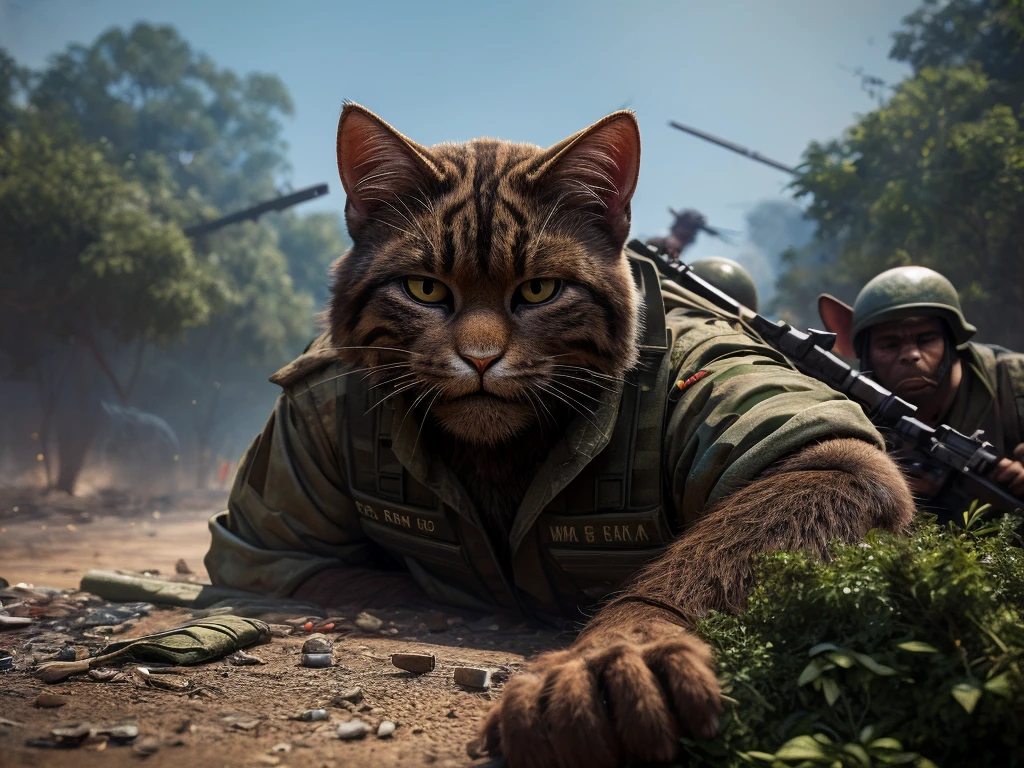 Hallucination, daydream , Bokeh , cat shit one , Vietnam War , (Vietnamese cat ear guerrilla and American rabbit ear soldier) , hairy fur , day time bush , War Movie climax scene