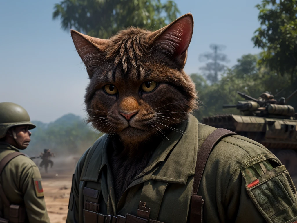Hallucination, daydream , Bokeh , cat shit one , Vietnam War , (Vietnamese cat ear guerrilla and American rabbit ear soldier) , hairy fur , day time bush , War Movie climax scene