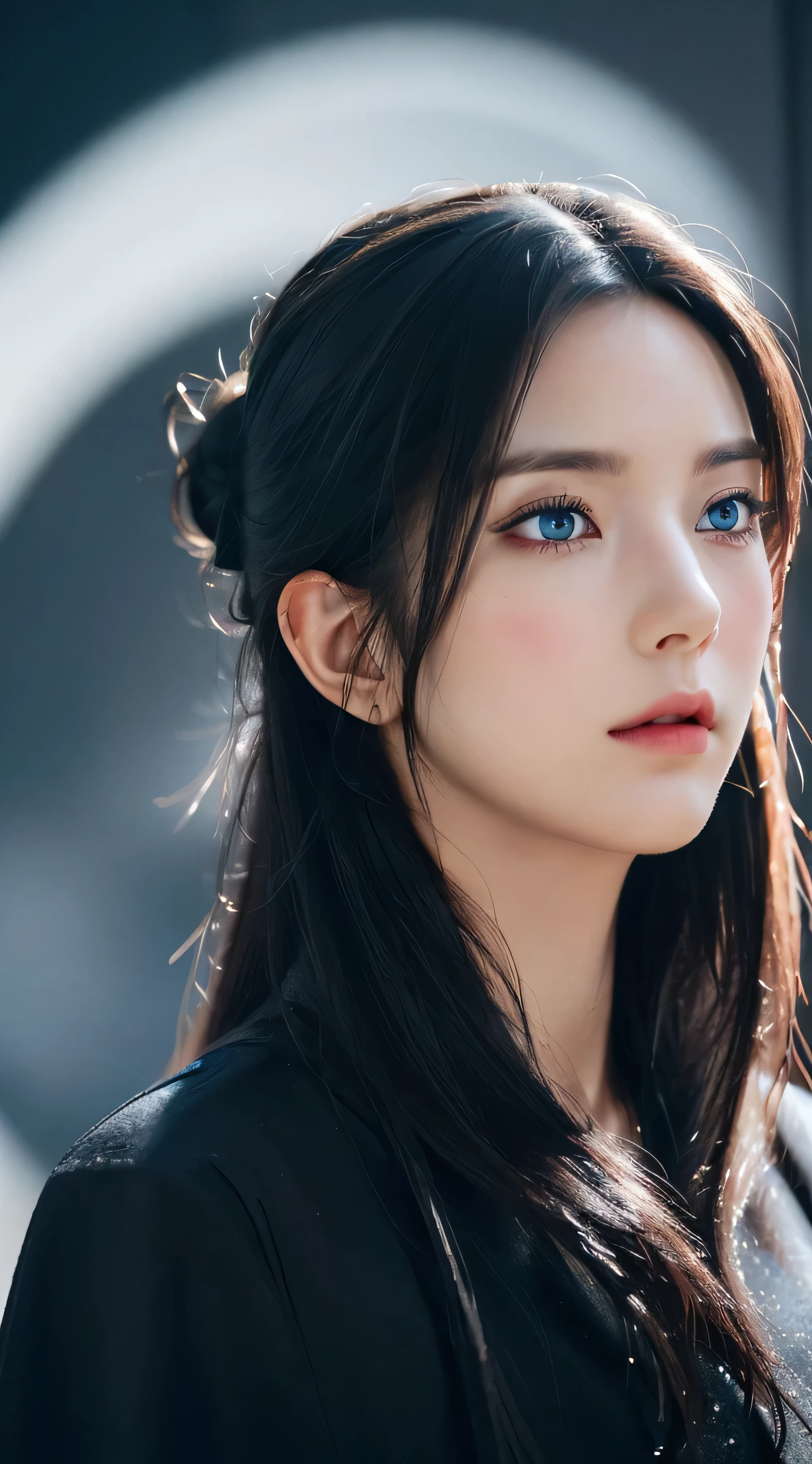 (Best quality,4K,8K,A high resolution,Masterpiece:1.2),Ultra-detailed,(Realistic,Photorealistic,photo-realistic:1.37),beautiful detailed blue eyes,Long black hair in a high bun,Detailed red veil,Portrait,Sharp focus,professional,Vivid colors,Dark background,Studio lighting