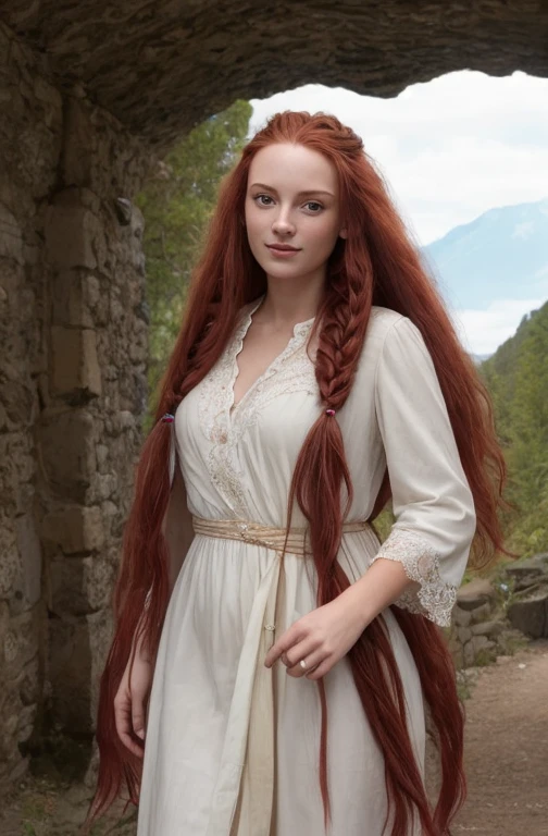 A young woman with long, braided red hair, elle est habillée dans une robe de moyen âge et part à l’aventure. Elle est grosse