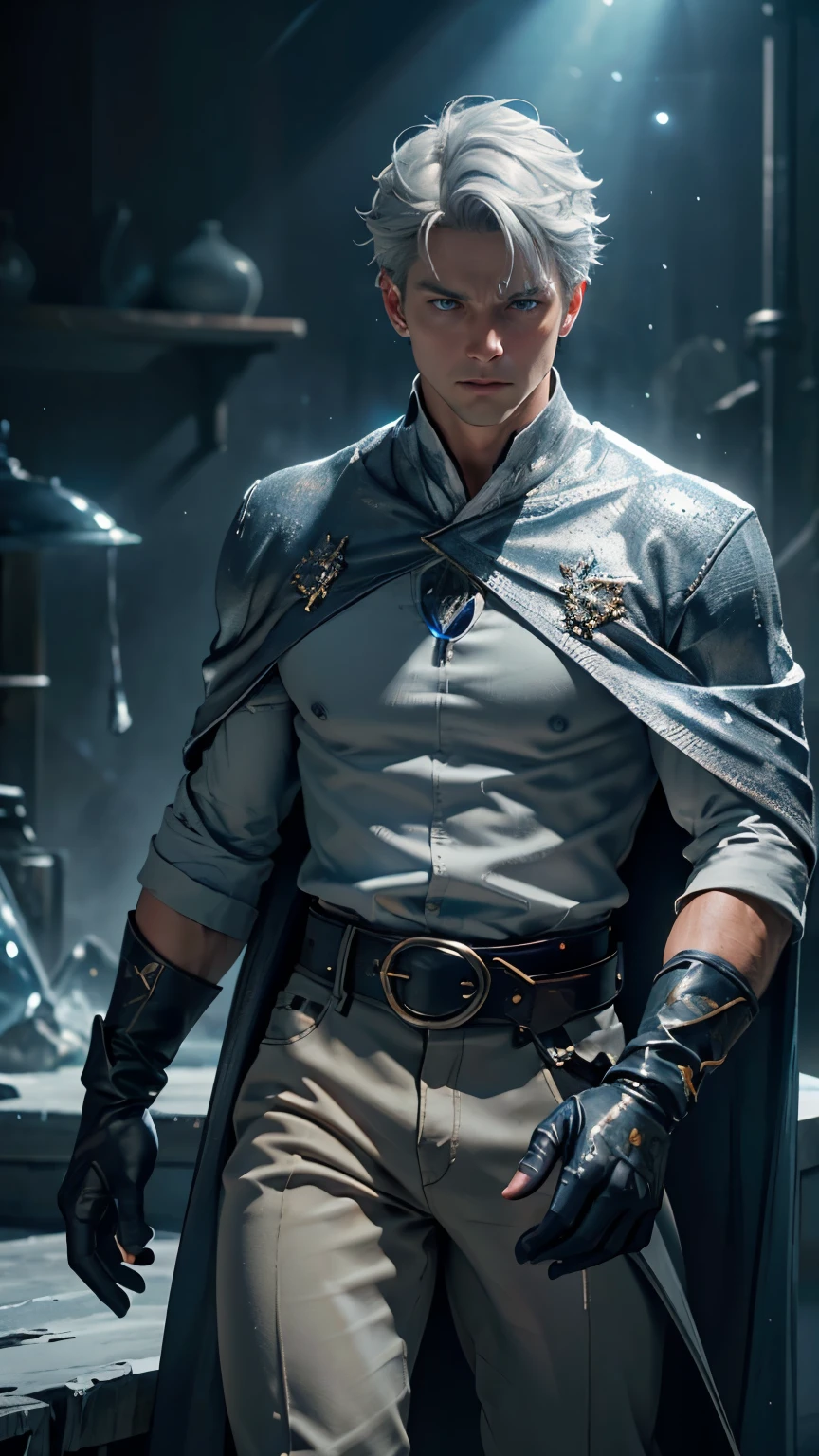 a young man, ice sorcerer, gray hair, gray eyes, blue cape, white shirt, beige pants, boots, gloves, belt, blue aura, fighting with ice, angry, detailed facial features, cinematic lighting, photorealistic, fantasy, highly detailed, ultra-detailed, masterpiece, (best quality, 4k, 8k, highres, masterpiece:1.2), ultra-detailed, (realistic, photorealistic, photo-realistic:1.37), HDR, UHD, studio lighting, ultra-fine painting, sharp focus, physically-based rendering, extreme detail description, professional, vivid colors, bokeh