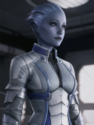 masseffectliara standing in a room, cute face, realistic armor materials, shiny armor, dramatic lighting, wallpaper, intricate, sharp focus, ray tracing, rtx, professionally color graded, professional photography, masterpiece, ultra detailed, high quality, best quality, 4k, 8k, raw 