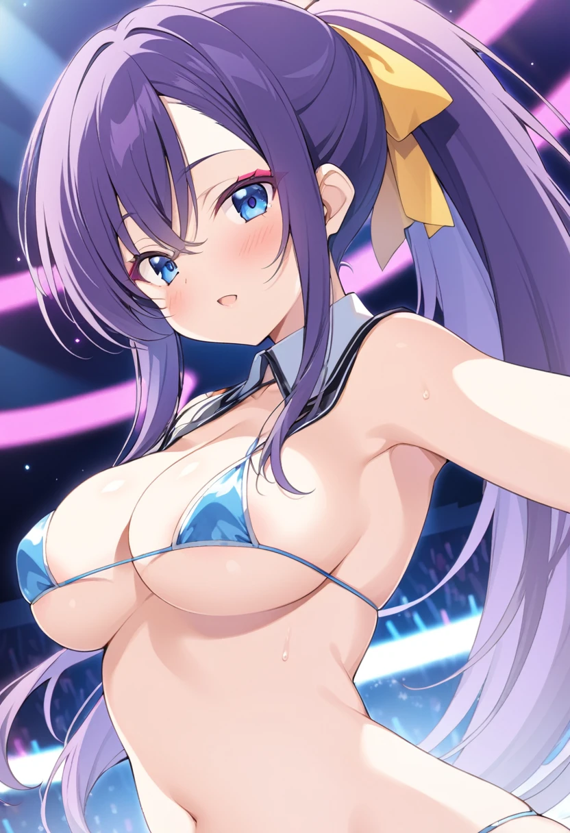 todoshizuko, purple hair, ponytail, hair ribbon, long hair, blue eyes, makeup, 15years old,, large breasts,, Live Stage, solo micro bikini