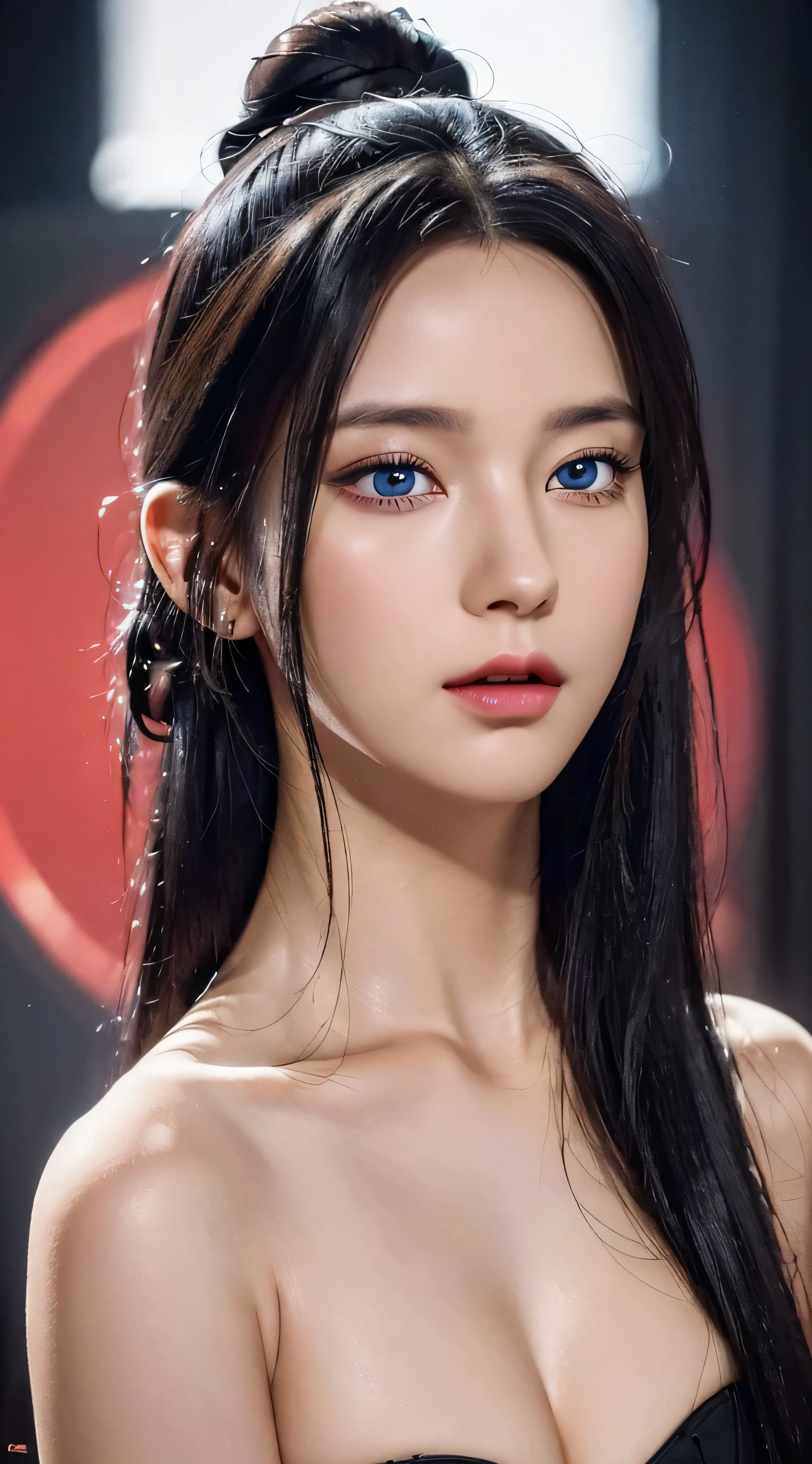 (Best quality,4K,8K,A high resolution,Masterpiece:1.2),Ultra-detailed,(Realistic,Photorealistic,photo-realistic:1.37),beautiful detailed blue eyes,Long black hair in a high bun,Detailed red veil,Portrait,Sharp focus,professional,Vivid colors,Dark background,Studio lighting