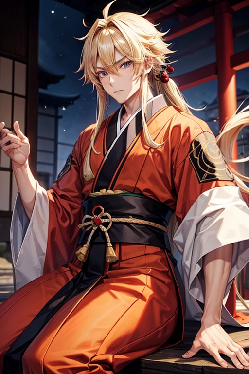 male character ninja anime style blond with large hair stretched eyes traditional Japan clothes
