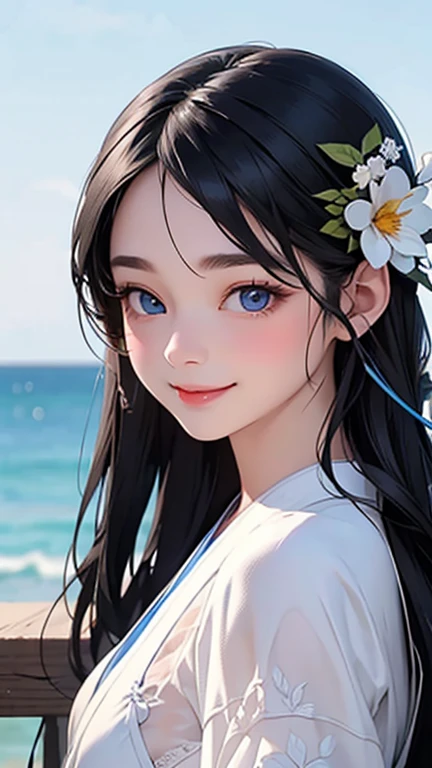 highest quality、Realistic、Women、zoom、summer、night、cute、Blue Eyes、black hair、Long Hair、kimono、White Lingerie、smile、Looking down、smile、Bust Shot、　