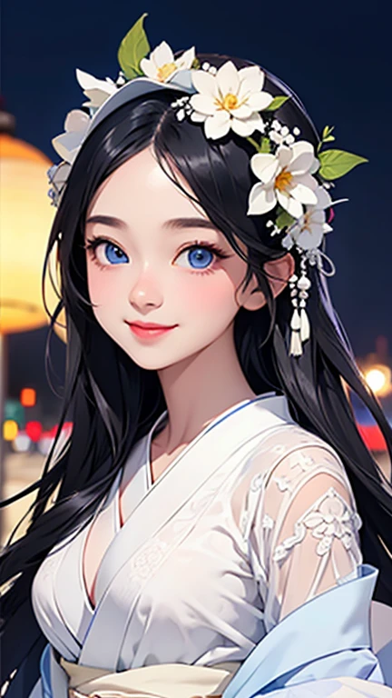 highest quality、Realistic、Women、zoom、summer、night、cute、Blue Eyes、black hair、Long Hair、kimono、White Lingerie、smile、Looking down、smile、Bust Shot、　