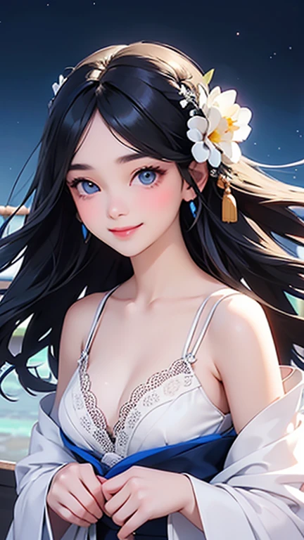 highest quality、Realistic、Women、zoom、summer、night、cute、Blue Eyes、black hair、Long Hair、kimono、White Lingerie、smile、Looking down、smile、Bust Shot、　