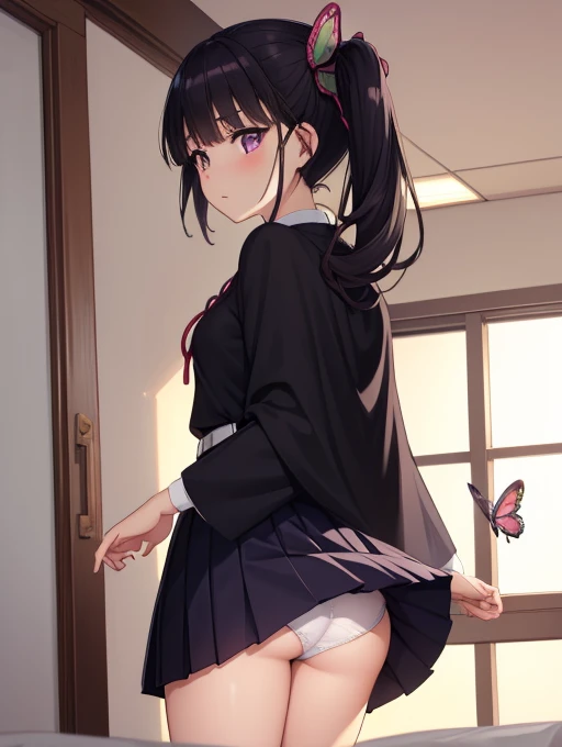 Kanaotsu Yuri, kanao tsuyuri, Black Hair, butterfly, butterfly hair ornament, (Purple eyes:1.1), Side ponytail, ponytail, Shame face、blush、
Blake Black mini skirt, Cape, Demon Slayer uniform, Long sleeve, Pleated skirt, mini skirt, 白いCape,Skirt lifted、Prone:1.3、Backwards、look back、((Cute white panties:1.3、Panty shot))、
break looking at viewer,
Indoor rest, Shabby room,
break (Tabletop:1.2), highest quality, High resolution, unity 8k wallpaper, (figure:0.8), (Beautiful fine details:1.6), Highly detailed face, Perfect lighting, Highly detailed CG, (Perfect hands, Perfect Anatomy),