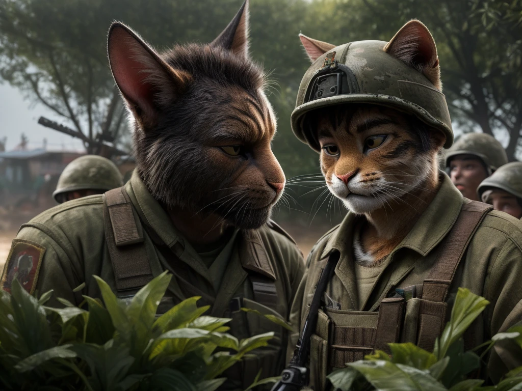 Hallucination, daydream , Bokeh , cat shit one , Vietnam War , (rabbit ear American soldier and cat ear Vietnamese guerrilla) , hairy fur , day time bush , War Movie climax scene