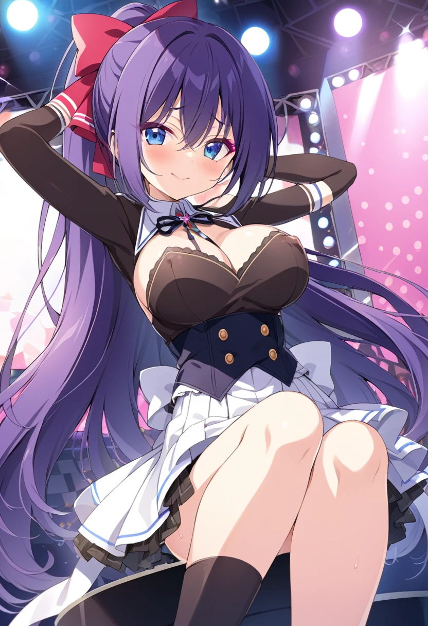 todoshizuko, purple hair, ponytail, hair ribbon, long hair, blue eyes, makeup, 15years old,, large breasts,, Live Stage, solo, nsfw