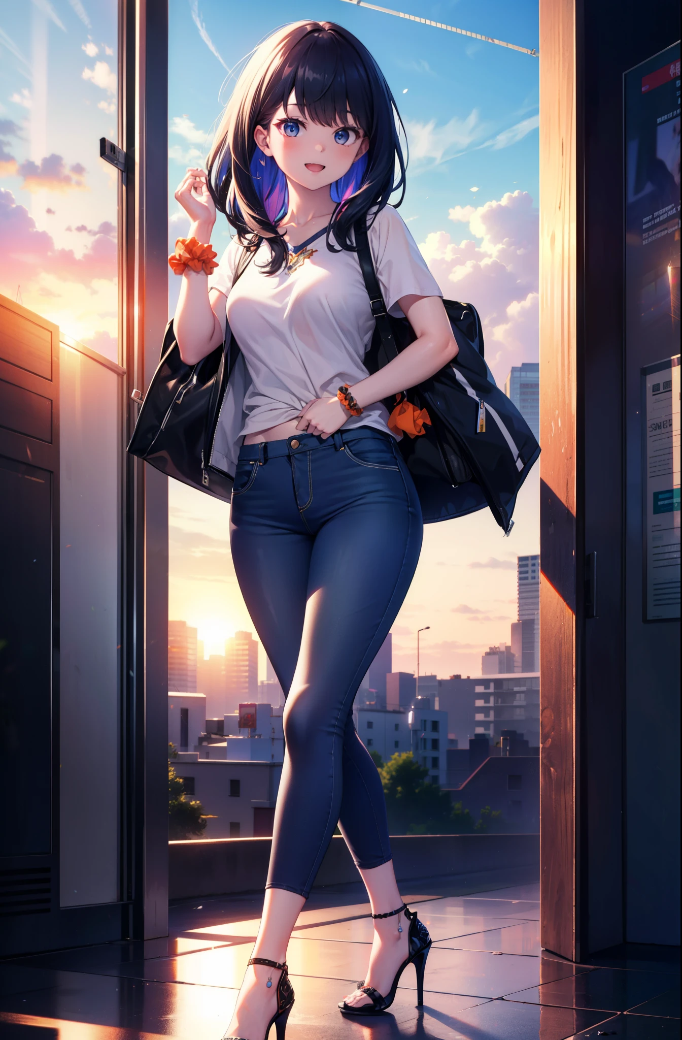 Rikka body, rikka takarada, Black Hair, blue eyes, Long Hair, orange Scrunchie, Scrunchie, wrist Scrunchie,happy smile, smile, Open your mouth,Cold shoulder tops,Short sleeve,skinny pants,Stiletto heels,Walking,morning,morning陽,The sun is rising,So that the whole body goes into the illustration,
Destroy outdoors, In town,Building district,
壊す looking at viewer, Systemic
break (masterpiece:1.2), highest quality, High resolution, unity 8k wallpaper, (figure:0.8), (Beautiful fine details:1.6), Highly detailed face, Perfect lighting, Highly detailed CG, (Perfect hands, Perfect Anatomy),