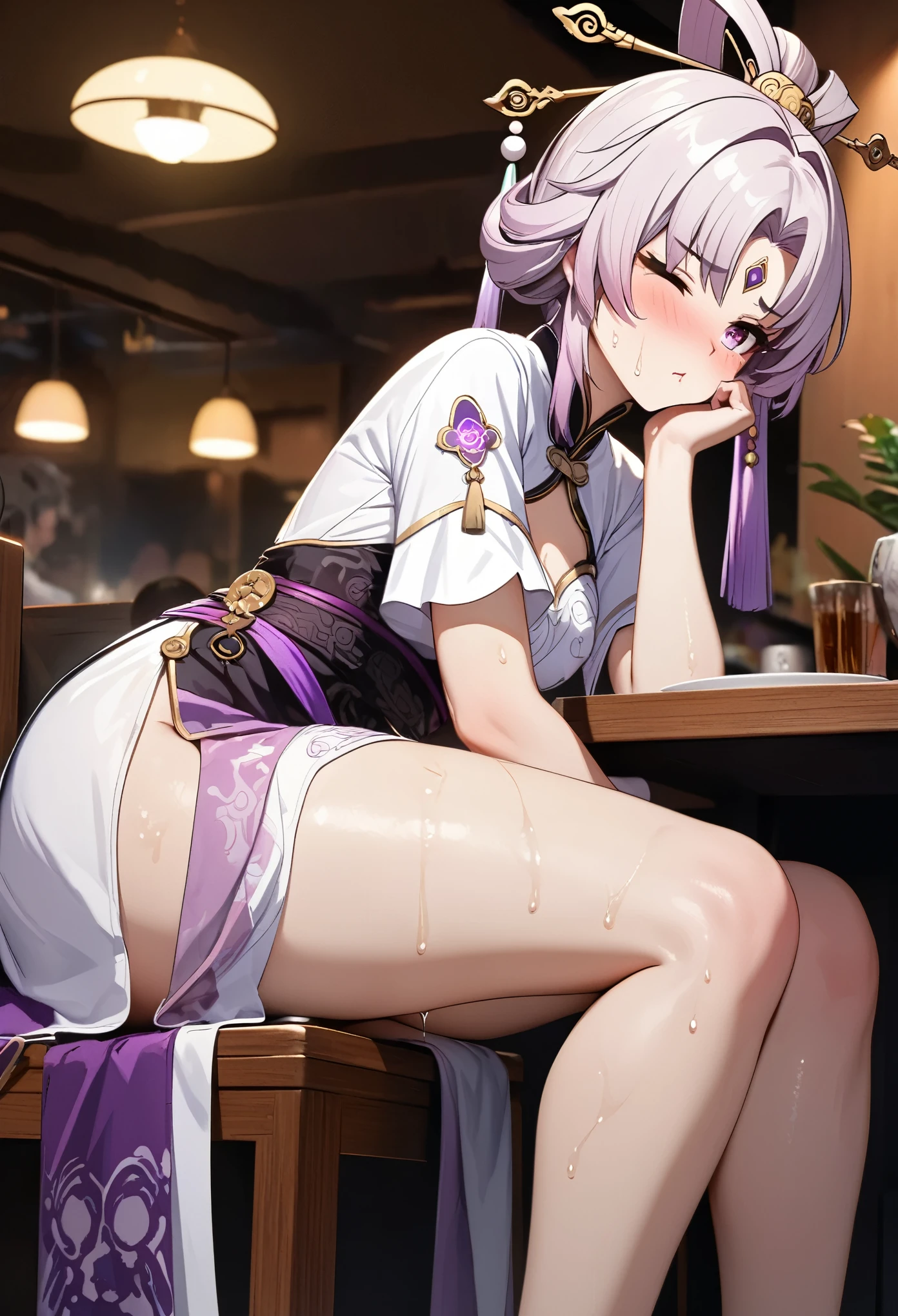masterpiece, high resolution, ultra detailed, 8K, fu xuan from honkai star rail, HDR, embarassed, hand between legs, want to pee, in the restaurant, sexy sitting, leaning forward, one eye closed, sweaty, chinese costume, pouting, legs together, squishy thighs, masturbating, rubbing crotch