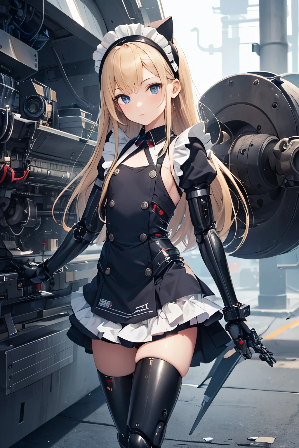   girl ,girl 12 year old  , futuristic grey tigh suit with blue details, red canon,flat  chest ,long blonde hair frinje ,(loli body), mechanic-headband,led blue  best quality, 8k ,black maid uniform , vitorian Maid dress , Cyborg arms. Mechanical Limbs Metal,  Mechanical legs .