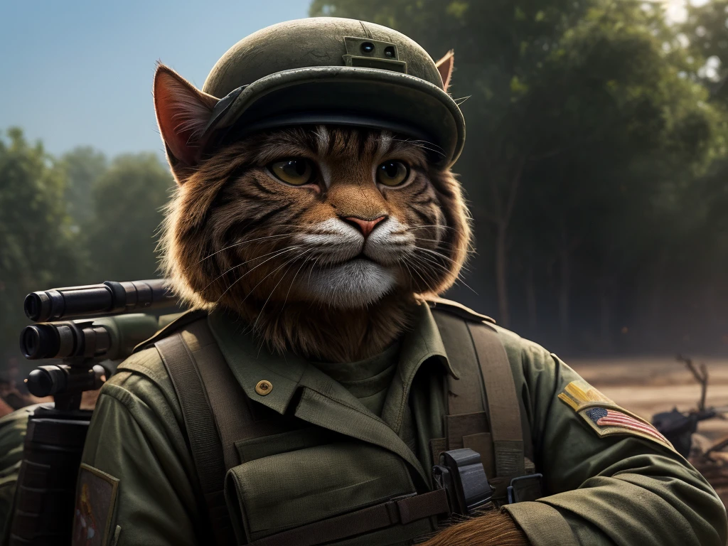 Hallucination, daydream , Bokeh , cat shit one , Vietnam War , (rabbit American soldier and cat Vietnamese guerrilla) , hairy fur , day time bush , War Movie climax scene