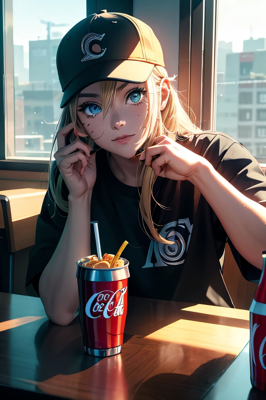 Masterpiece, Top Quality, 16K UHD,
Anime Style, Naruto,
Sitting,
Fast Food Setting, McDonald's,
With a McDonald's hat, fries, and Coca-Cola,
Detailed facial features,
Anatomically correct,
Highly detailed face and skin texture,
Realistic eyes,
Bright, expressive, and dynamic,
Wearing a McDonald's hat tilted to one side,
Holding a fry in one hand and a Coca-Cola bottle in the other,
Suspended animation pose,
Sunlight streaming in from the window,
Realistic food and drinks,
Phot