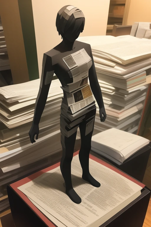 human figure made of newspaper clippings