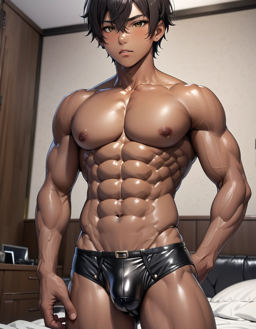 high quality, detailed, 19 years old bulky japanese idol boy, detailed brown eyes, (abs:1.5), (dark skin), (detailed areola), black short hair, (leather tiny briefs), (erected bulge), bedroom,