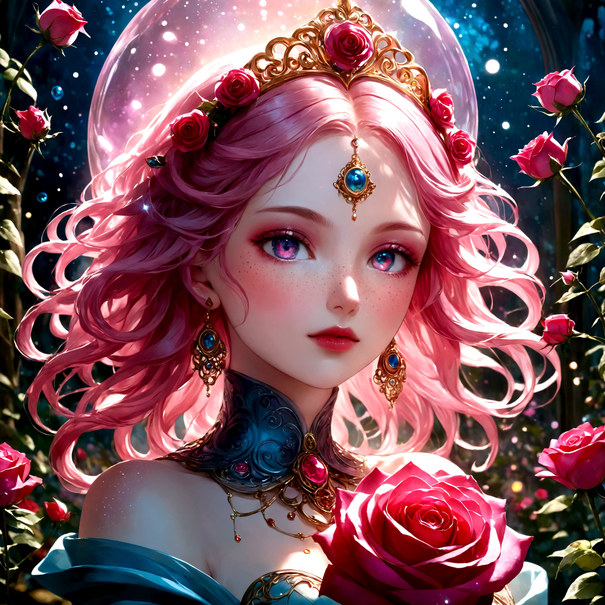 (This is a beautiful, intricate, (romatic) fantasy image that emphasizes beauty and grace.) Generate a blind curvy woman with soft natural freckles. Her face is important and should be (perfectly formed) with (beautiful puffy lips) and (perfect features). There is a cute freckle birthmark on her lip. The image exudes ethereal beauty and soft fantasy, with shimmering shades of pink throughout. Surround her with eternal roses in shimmering shades. Ensure perfection in her face, hair, and eyes. Include sweet and detailed birds and soft, luminous flowers and detailed roses. Utilize dynamic composition and dramatic lighting and cinematic lighting to create an interesting fantasy image. The background of the image is interesting and ultra-detailed, with soft fantasy lighting and gradients. Include fantasy details, cute aura, colorful, colourful, and interesting magical background. The image's background is decorated in shades of pink, shimmer, glitter, and fantasy details like colored bubbles and cosmos. Include subtle freckles, natural freckles and a diffused realistic skin tone. Incorporate elements of high fantasy, whimsy, and detailed elegance. English rose, princess, courtesan, noblewoman, sweet, lovely, calm, lovely, shimmering, glimmering, glittering, astrological fantasy, (((masterpiece))), (highest quality), magic rose, fantasy garden, beautiful face, perfect face, puffy lips, interesting, shy smile, fantasy elements, magic rose, beautiful eyes, perfect puffy lips, jewel tones, luminosity. Taken with a canon camera.