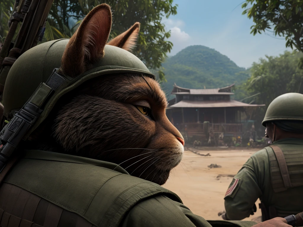 Hallucination, daydream , Bokeh , cat shit one , Vietnam War , (rabbit American soldier) and cat Vietnamese guerrilla , hairy fur , day time bush , War Movie climax scene
