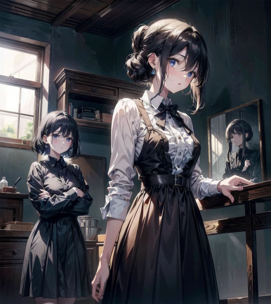 whole body, collared shirt dress, absurdres, RAW photo, extremely delicate and beautiful, masterpiece, Best Quality, ultra high resolution, 32k, hyperrealistic, ultra-detailed, detailed description, perfect figure, perfect shape, perfect anatomy, pale skin, 20 years old, detailed beautiful face and eyes, tearful mole, earring, short medium hair, wavy hair, chignon, yuri, 2 girls,