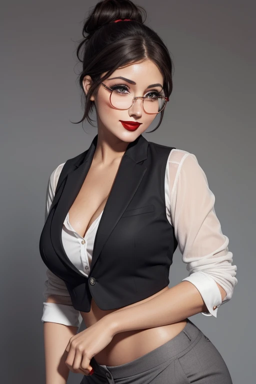 Lucy Pinder, face portrait, ((Very Intense Makeup)), smiling, ((red lipstick)), ((woman in makeup)), short hair, black hair, hair tied in a chignon, ultra hot Woman, white unbuttoned blouse, half-opened gray vest, gray formal short pants, glasses