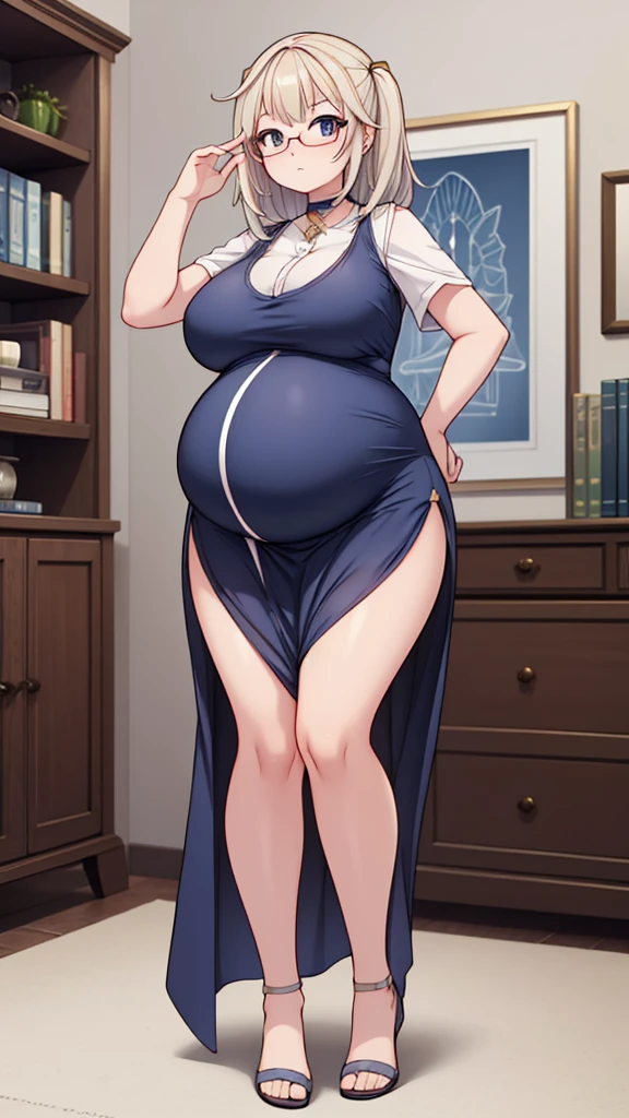 (Full body, glasses), An image of a pregnant girl with her belly on full display, huge breasts