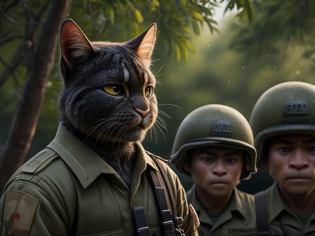Hallucination, daydream , Bokeh , cat shit one , Vietnam War , (rabbit American soldier) and cat Vietnamese guerrilla , hairy fur , day time bush , War Movie climax scene