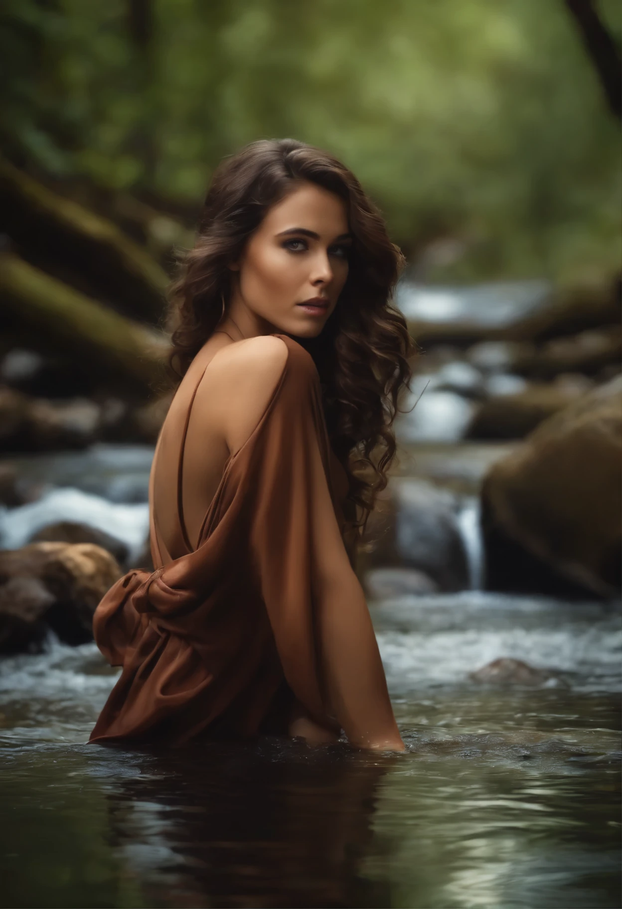 A  with brown brunette hair in a stream with a bottle with a cork