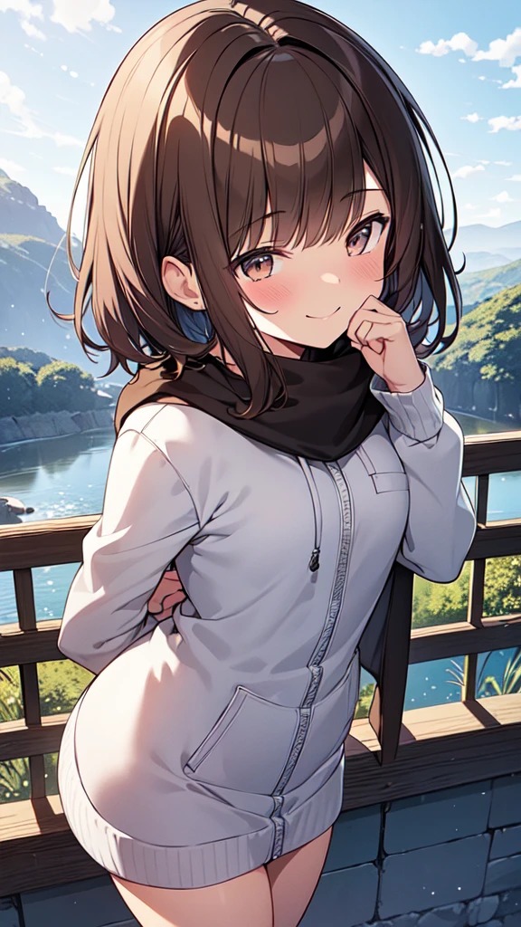 highest quality, masterpiece, Ultra-high resolution, 8k,,Harsh winter,In a snowstorm,((Winter clothing)),Show anime style , One, Soft Line Art, Digital Enhancement, shojo anime touch, shojo manga core, Flowing fabric, close, Soft Drawing, Ultra-Definition Digital Anime Art, Clear facial depiction, Super detailed girl cartoon character art, Ultra-detailed manga style, highest qualityの色,
 (Short brown hair), Wet Hair,Staring at us from the front,Beautiful brown hair, Clear brown eyes, Slightly chubby,Small breasts,The butt is small,(((Teasing Smile))),Hands,Landscape with nature,Looking up at the winter sky,Angle that allows you to see all the way to your feet