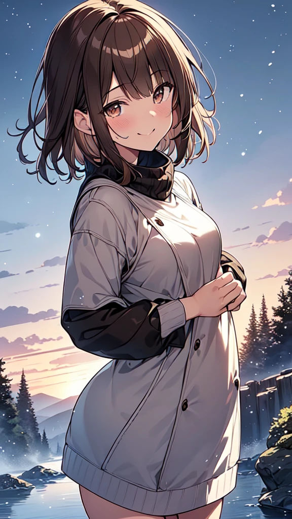 highest quality, masterpiece, Ultra-high resolution, 8k,,Harsh winter,In a snowstorm,((Winter clothing)),Show anime style , One, Soft Line Art, Digital Enhancement, shojo anime touch, shojo manga core, Flowing fabric, close, Soft Drawing, Ultra-Definition Digital Anime Art, Clear facial depiction, Super detailed girl cartoon character art, Ultra-detailed manga style, highest qualityの色,
 (Short brown hair), Wet Hair,Staring at us from the front,Beautiful brown hair, Clear brown eyes, Slightly chubby,Small breasts,The butt is small,(((Teasing Smile))),Hands,Landscape with nature,Looking up at the winter sky,Angle that allows you to see all the way to your feet