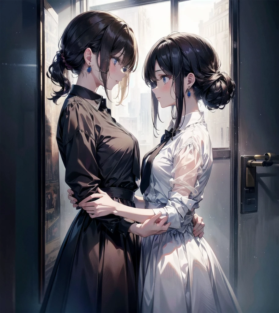 collared shirt dress, whole body, absurdres, RAW photo, extremely delicate and beautiful, masterpiece, Best Quality, ultra high resolution, 32k, hyperrealistic, ultra-detailed, detailed description, perfect figure, perfect shape, perfect anatomy, pale skin, 20 years old, detailed beautiful face and eyes, tearful mole, earring, short medium hair, wavy hair, chignon, yuri, 2 girls,