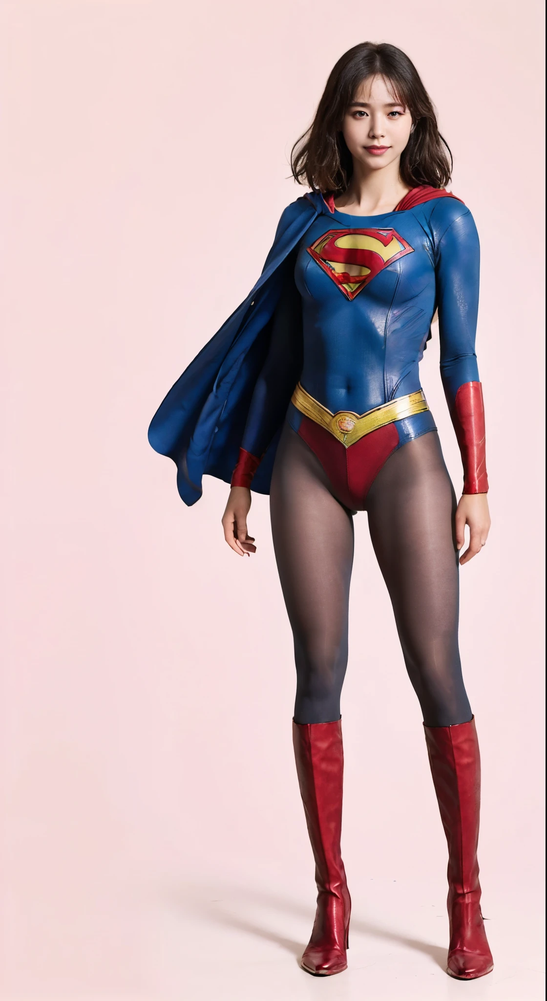 No background、(((Beautiful legs in black tights.)))、(((Legally express the beauty of your smile)))、((((Make the most of your original images)))、(((Supergirl Costume)))、(((Beautiful short bob hair)))、(((suffering)))、(((Please wear black tights....、Wear red boots)))、((Best image quality、8k))、((highest quality、8k、masterpiece:1.3))、(((Preserve background )))、Sharp focus:1.2、Beautiful woman with perfect figure:1.4、Slim Abs:1.2、Wet body:1.5、Highly detailed face and skin texture、8k