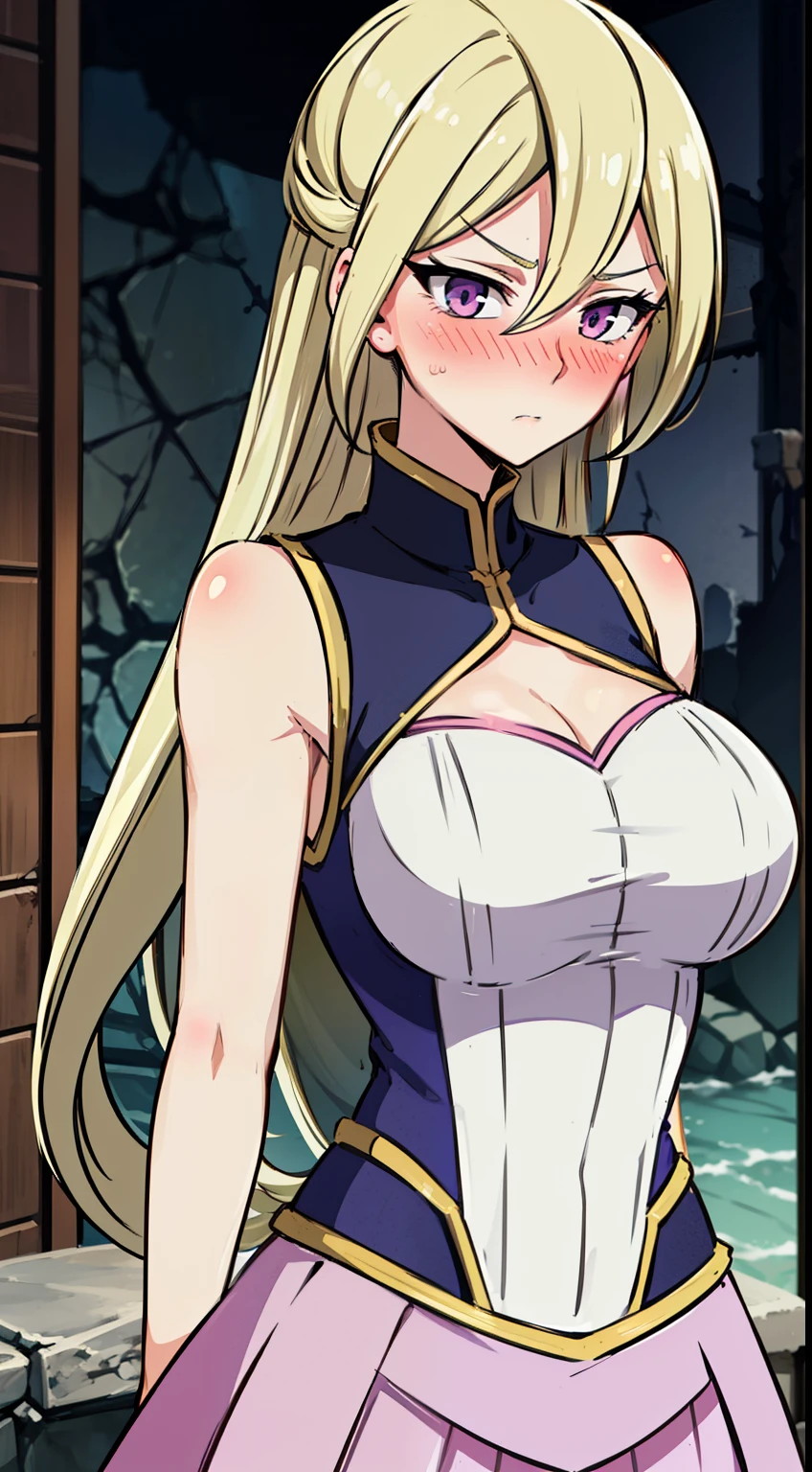 masterpiece, best quality,Gloria Tyler, blonde hair, purple eyes, serious, long hair, large breasts,sleeveless,pink skirt, (ruins),upper body,(blush:1.3)