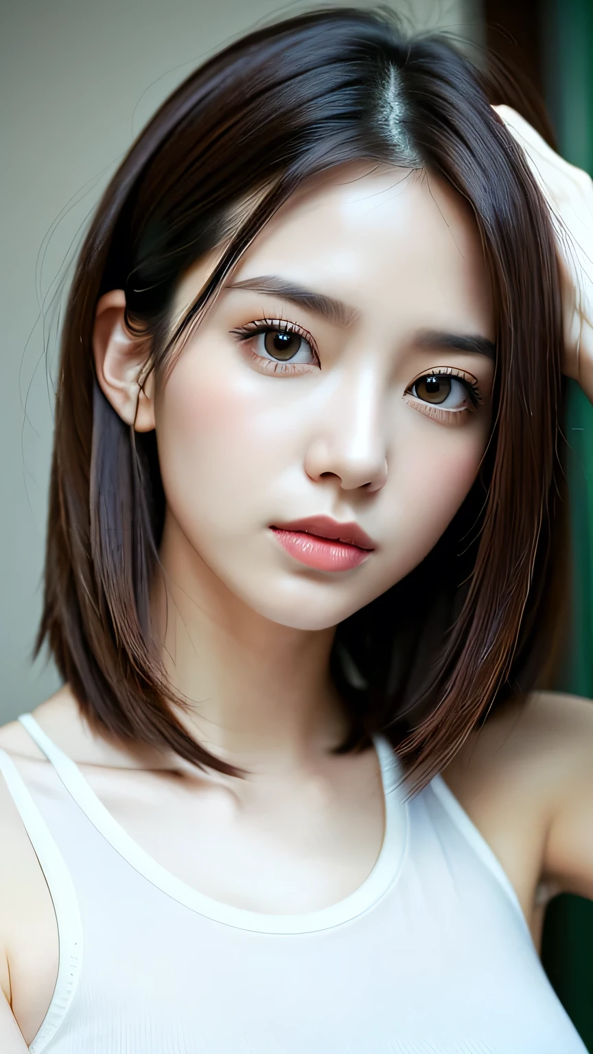 photorealistic Realism 16K Quality, (Ultra high-res Realistic eyes, clear sharp, absurd quality, vibrant, not blurry), (([eyes|eyeshadows]:[brown|pink])), ((portrait)) a cute 1model:1.4 24yo, ((anatomically correct)), ((perfect proportions)), dslr, best high quality soft lighting, sharp focus captured by Fujifilm XT3, f 5.6, in a dramatic lighting, l (perfect composition), ((pale skin)), ((dry skin)), ([tight sleeveless (sports tank top)]:[BLACK]), (half body shot), ((close up of her face:1.35)),