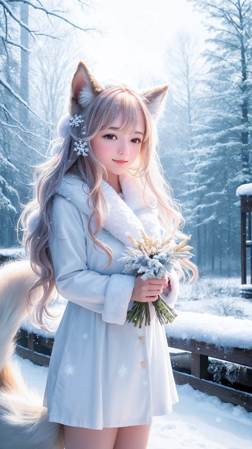 (Raw photo:1.2), (Realistic:1.4), (highest quality:1.4), (超A high resolution:1.2), (Very detailed:1.3), (nffsw:1.2), (Cinematic lighting:1.3), (eye), (Yuki:1.2). ), Cute fox, Are standing, (3/4. Portrait: 1.2), (Hairy tail: 1.2), (Soft fur: 1.2), (Cute: 1.2), (Gazing at the audience), (Innocent look), (Soft Light), (dreamy), (dream: 1.3), (Ethereal: 1.3), (magic: 1.2), (Snowflake: 1.2), (Winter Wonderland: 1.3), (Whimsical: 1.2), (fun: 1.2), bust, alone