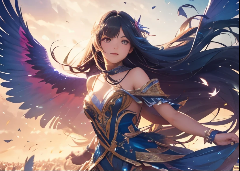 a young girl with long flowing hair, detailed face and eyes, running through a field of colorful feathers in a daze, fluttering dress, beautiful lighting, fantasy, vibrant colors, detailed, highly detailed, 8k, photorealistic, cinematic lighting, dramatic pose, ethereal, magical, dreamlike