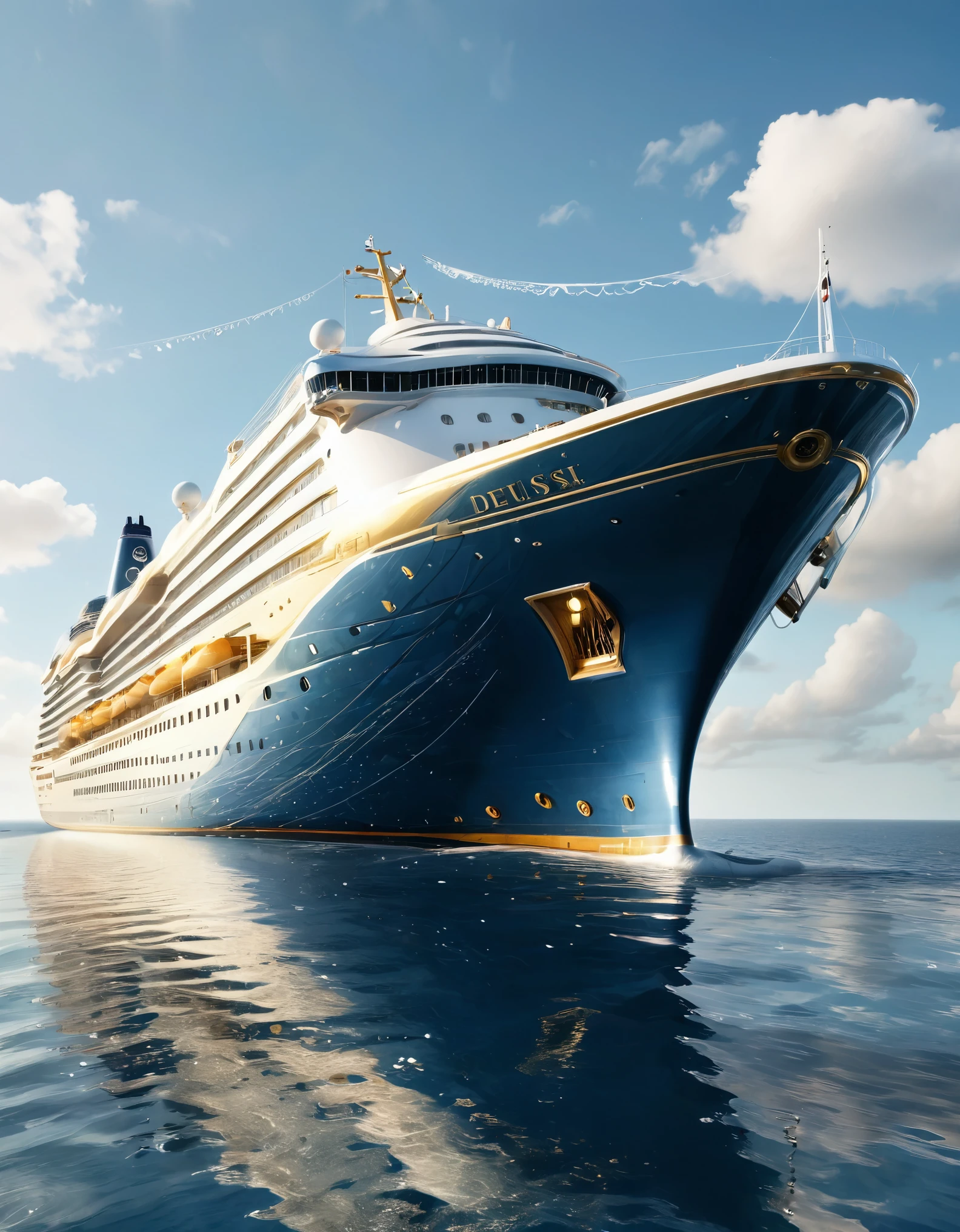 a large, majestic opulent cruise ship sailing on calm, deep blue waters. The ship, named 'Deep Blue,' features a sleek, modern ornate design, gold and silver accents, with a predominantly white exterior and a deep blue hull. The vessel is adorned with the 'Poseidon Cruises' logo prominently displayed on its side. The ship's numerous decks are filled with small micro details, including lifeboats, observation areas, and various amenities. The ship has features that a luxury cruis for the rich would have. The background depicts a serene seascape under a clear, blue sky with scattered fluffy clouds. In the distance, a coastal landscape with a tall, rustic tower and green vegetation is visible. The overall atmosphere is one of tranquility and luxury, capturing the grandeur and elegance of the cruise ship as it glides through the water. ultra realistic photo, vibrant color, 8k