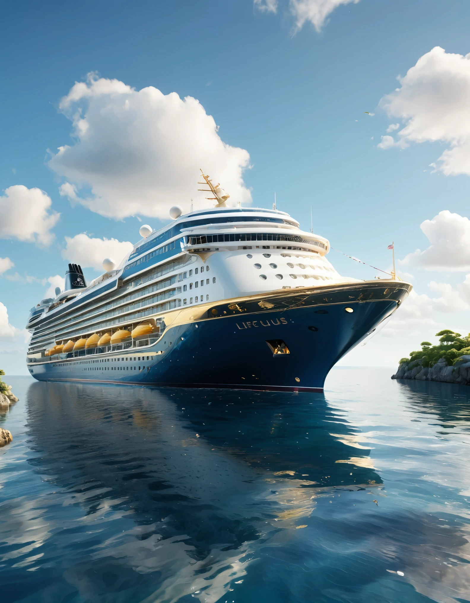 a large, majestic opulent cruise ship sailing on calm, deep blue waters. The ship, named 'Deep Blue,' features a sleek, modern ornate design, gold and silver accents, with a predominantly white exterior and a deep blue hull. The vessel is adorned with the 'Poseidon Cruises' logo prominently displayed on its side. The ship's numerous decks are filled with small micro details, including lifeboats, observation areas, and various amenities. The ship has features that a luxury cruis for the rich would have. The background depicts a serene seascape under a clear, blue sky with scattered fluffy clouds. In the distance, a coastal landscape with a tall, rustic tower and green vegetation is visible. The overall atmosphere is one of tranquility and luxury, capturing the grandeur and elegance of the cruise ship as it glides through the water. ultra realistic photo, vibrant color, 8k