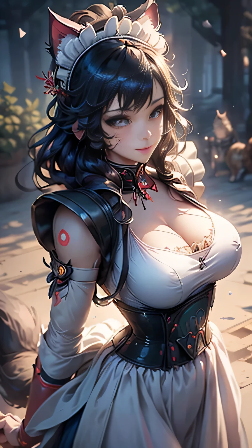 highest quality、masterpiece、8k、Realistic、超High resolution、Very delicate and beautiful、High resolution、Cinema Lighting、medium range shooting、Portraiture、((Perfect female body:1.6))、Opposition、Looking at the audience、((Human Cat:1.4))、Colours in harmony with nature、strong、Flexible body、(Big Breasts:1.4)、A smile suits you、strong and muscular physique、Feel the strength of a warrior、((Maid from Another World:1.6))、Warm and smiling、Be compassionate、Approachable、walk with purpose、Confident Steps。