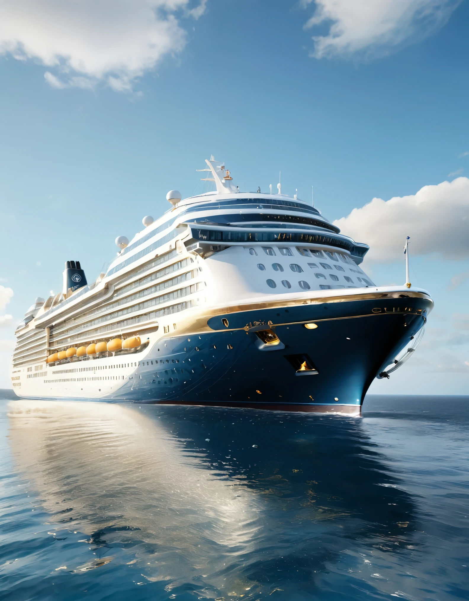 a large, majestic opulent cruise ship sailing on calm, deep blue waters. The ship, named 'Deep Blue,' features a sleek, modern ornate design, gold and silver accents, with a predominantly white exterior and a deep blue hull. The vessel is adorned with the 'Poseidon Cruises' logo prominently displayed on its side. The ship's numerous decks are filled with small micro details, including lifeboats, observation areas, and various amenities. The ship has features that a luxury cruis for the rich would have. The background depicts a serene seascape under a clear, blue sky with scattered fluffy clouds. In the distance, a coastal landscape with a tall, rustic tower and green vegetation is visible. The overall atmosphere is one of tranquility and luxury, capturing the grandeur and elegance of the cruise ship as it glides through the water. ultra realistic photo, vibrant color, 8k