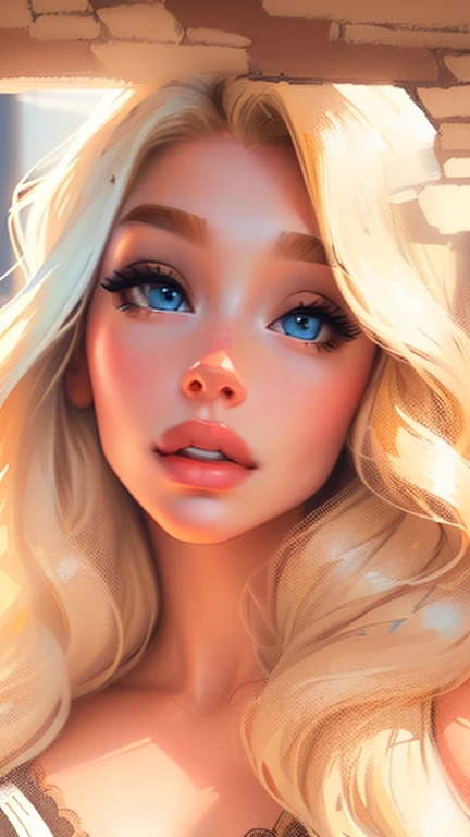 Beautiful woman with long wavy blonde hair, thick lips, neck zoomed in from lips down, amazing blue eyes,lips slightly parted, lips wide parted, puffy lips, big puffy lips, full lips, perfect lips, very full lips, pouty lips, quivering lips, detailed unblurred face, parted lips, large full lips, collarbone visible, perfect breasts,
