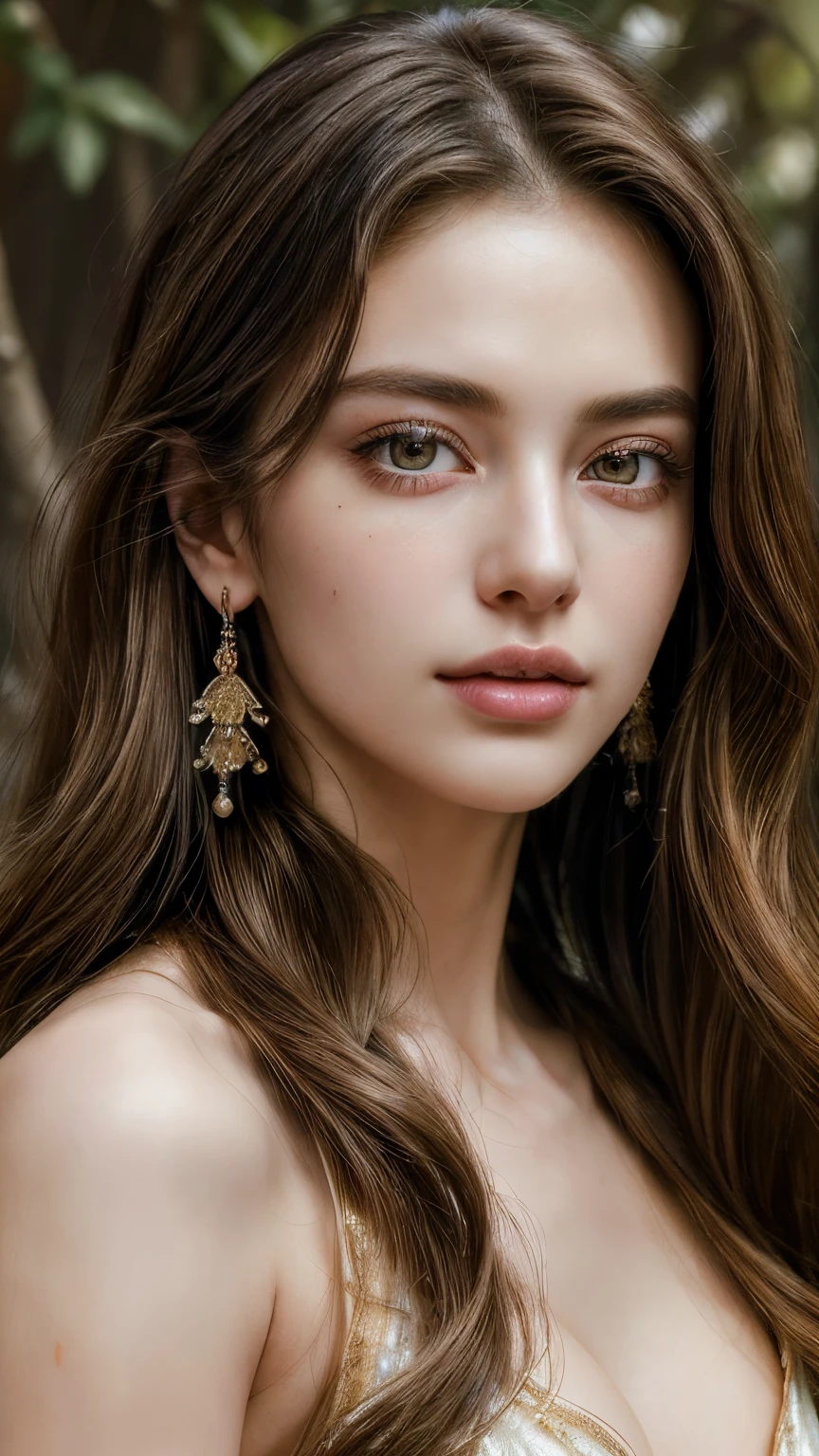 (highest quality, masterpiece, Ultra-high resolution, Photorealistic:1.4), One girl, Beautiful fine details, Detailed skin, Detailed lips, Long eyelashes, Full body portrait, Graceful posture, flowing hair, jewelry, Delicate earrings, Vibrant colors, alone, In front of the blazing fire, Slightly blurred background, Realistic lighting, Captivating Expressions,Looking at the camera