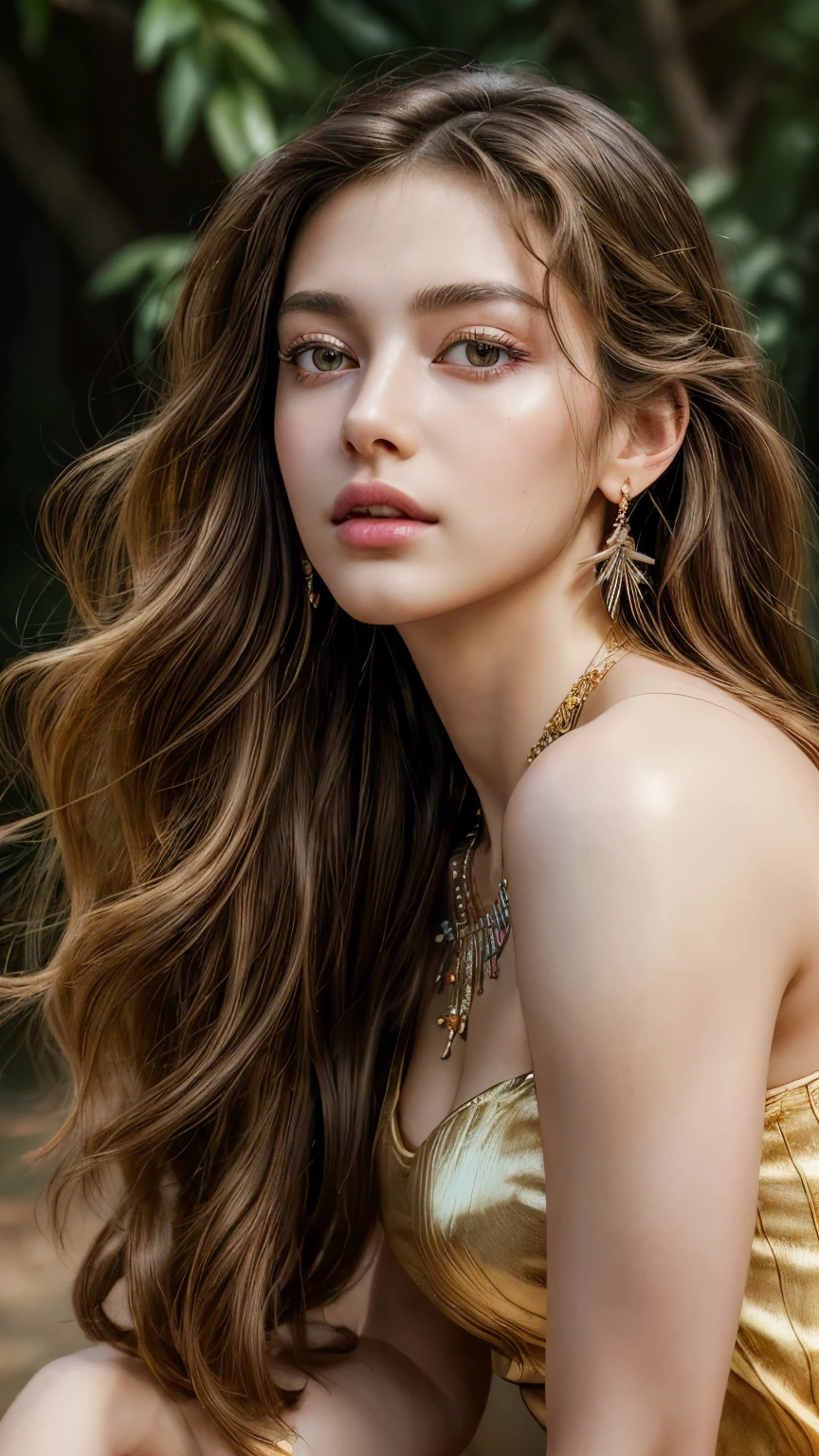 (highest quality, masterpiece, Ultra-high resolution, Photorealistic:1.4), One girl, Beautiful fine details, Detailed skin, Detailed lips, Long eyelashes, Full body portrait, Graceful posture, flowing hair, jewelry, Delicate earrings, Vibrant colors, alone, In front of the blazing fire, Slightly blurred background, Realistic lighting, Captivating Expressions,Looking at the camera