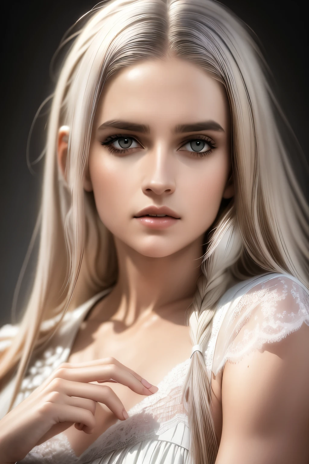 Masterpiece, Superb Girl, Night Moon Full Moon, 1 Female, Mature Woman, Sister, Royal Sister, Cold Face, Expressionless, Silver-White Long-Haired Woman, Light Pink Lips, Calm, Intellectual, Three-banded Gray Eyes, Assassin Short Knife, Flower Ball Background, Hand Details, Finger Details, Facial Details, Eye Details,