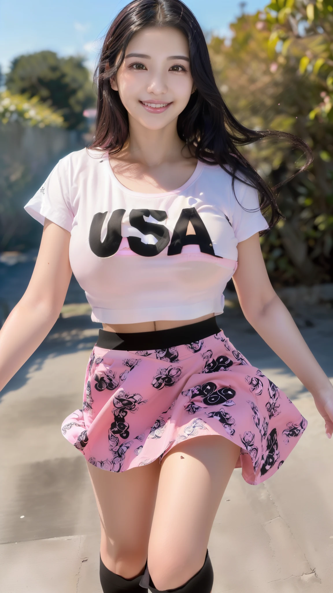 ((((Selfie:1.3))),Bright outdoors、The train is running far、Road far the railway line、,Light background、Japanese woman,(((wearing a white t-shirt with &quot;USA&quot; printed on it:1.1)))、(((Black long skirt:1.3)))、 (((walking)))、(((masterpiece))), ((highest quality)), ((intricate details)), (((Ultra-realistic)), absurd solution, law of near and far, very detailed, realistic,  ((big breasts)), perfect hands, finger details, beautiful and fine eyes, black long wavehair, brown eyes, detailed background, perfect eyes, enchanting eyes, from the front、laughter、Mole around the mouth、(((pink  panty)),A strong wind is blowing and my hair is fluttering