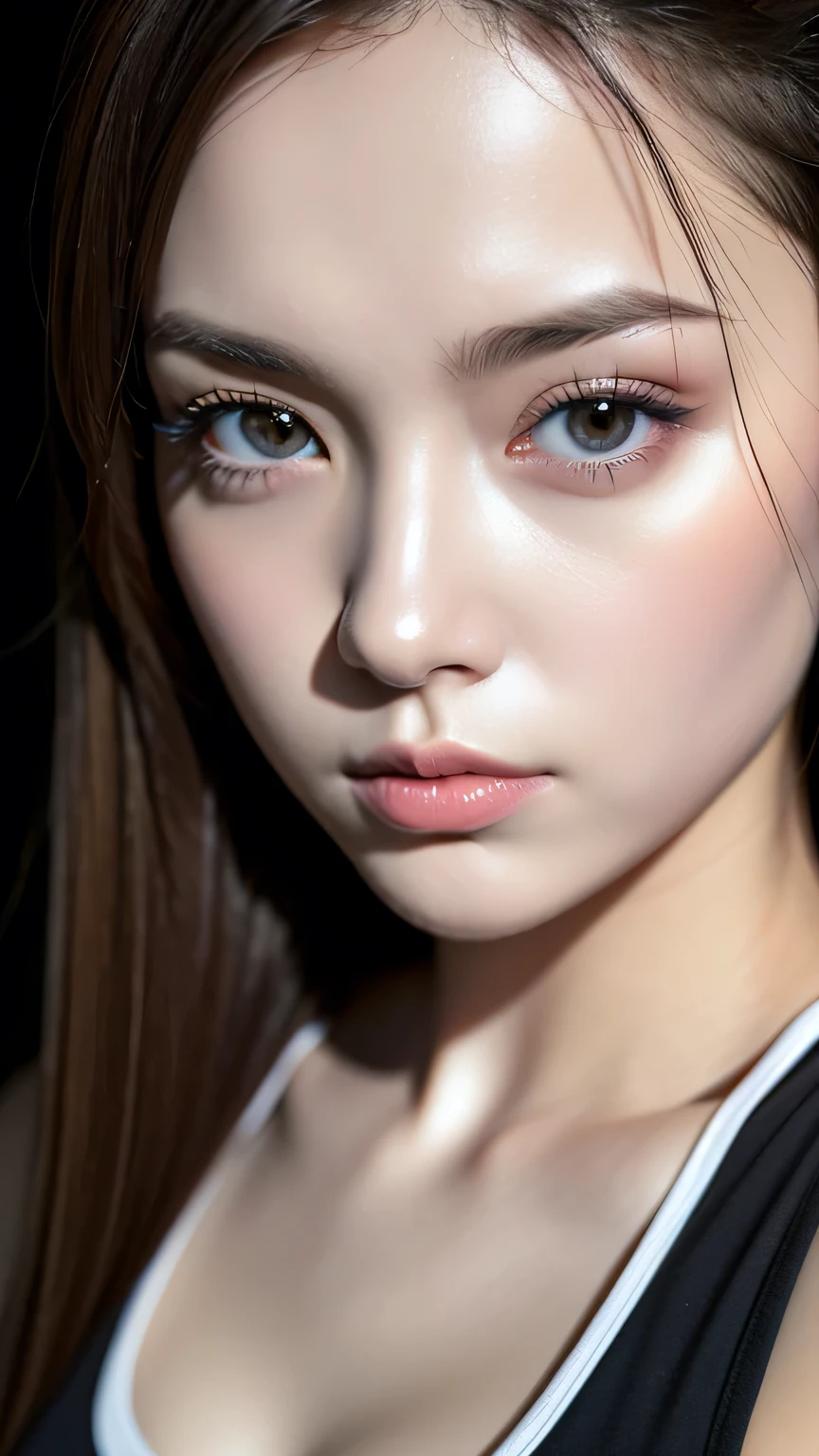 photorealistic Realism 16K Quality, (Ultra high-res Realistic eyes, clear sharp, absurd details quality eyes, not blurry), (([eyes|eyeshadows]:[brown|pink])), ((portrait)) a cute 1model:1.4 24yo, ((anatomically correct)), ((perfect proportions)), dslr, best high quality soft lighting, sharp focus captured by Fujifilm XT3, f 5.6, in a dramatic lighting, l (perfect composition), ((pale skin)), ((dry skin)), ([tight sleeveless (sports tank top)]:[BLACK]), (half body shot), ((close up of her face:1.35)),